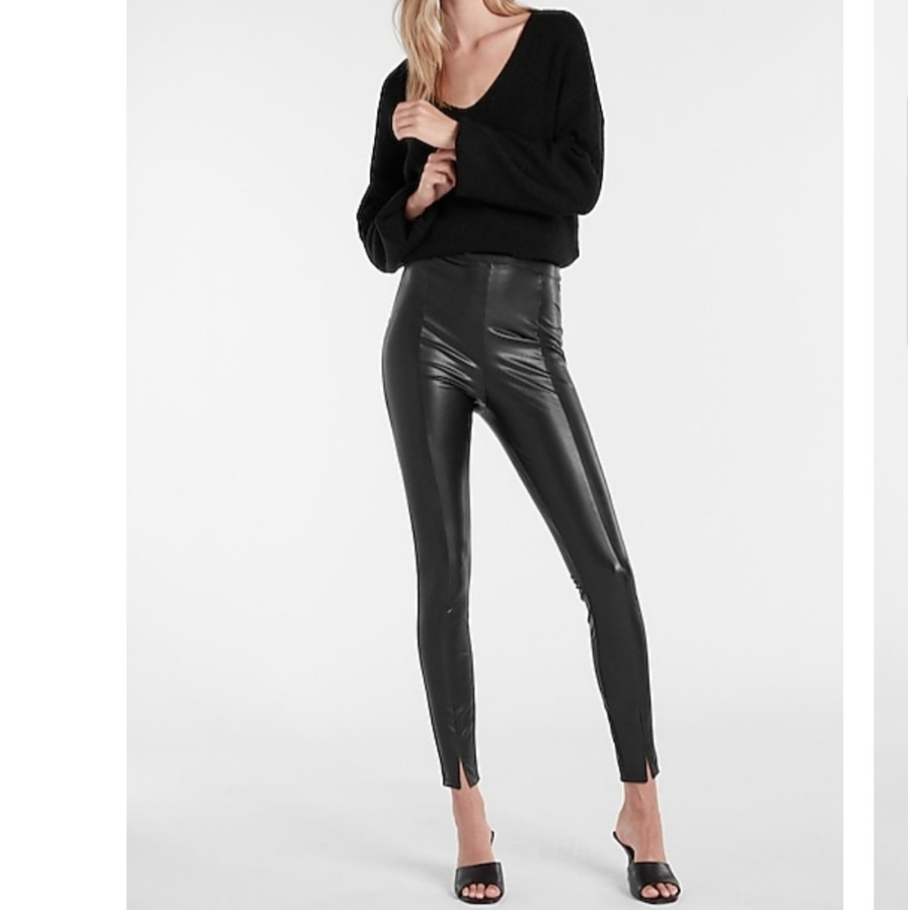 Super high faux leather front slit leggings